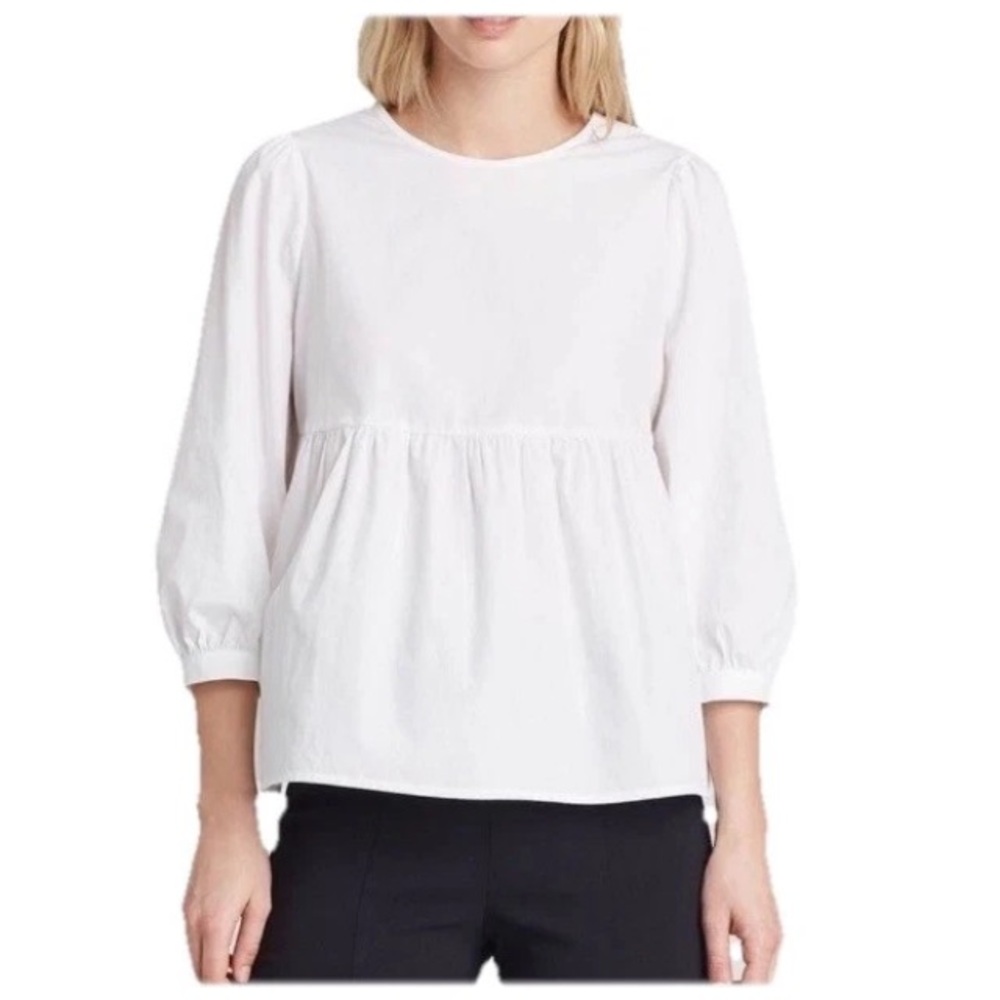 New Who What Wear L White Babydoll Balloon 3/4 Sleeve Smock Peplum Top Tie Back
